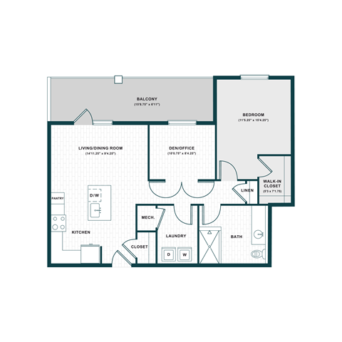 Floor plan for 1 bed, 1 bath, 919 sqft